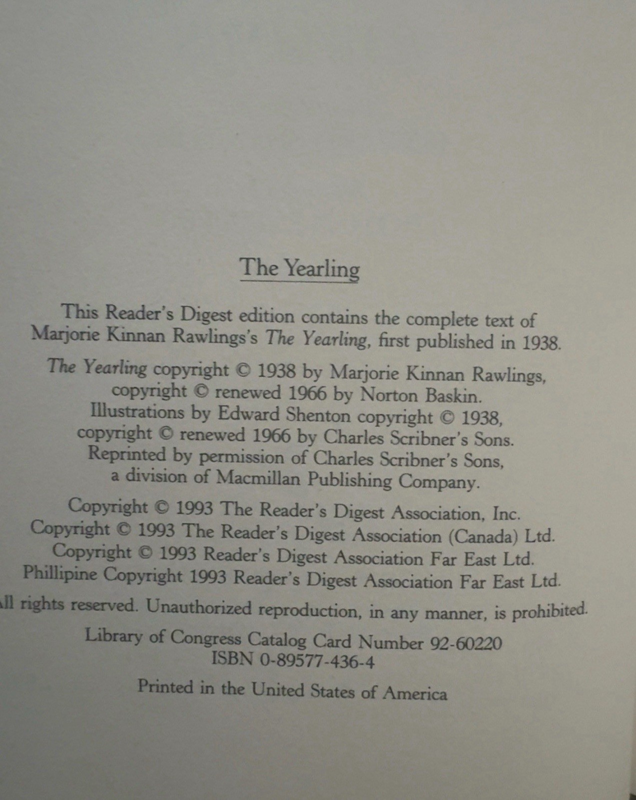 The Yearling Marjorie Kinnan Rawlings 1993 Reader’s Digest Hardcover w/ Insert