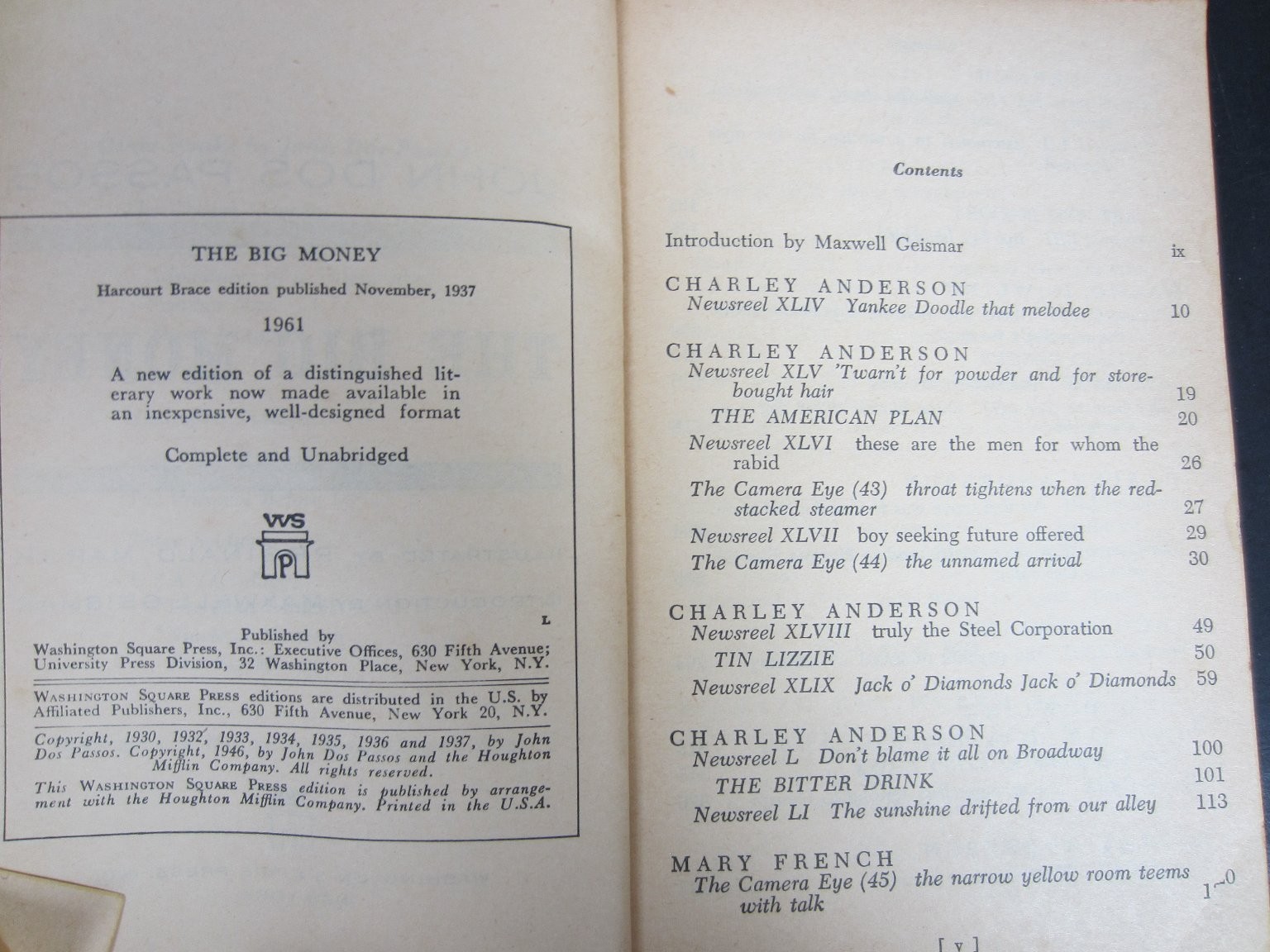 The Big Money John Dos Passos 1961 Washington Square Press Illustrated Classic