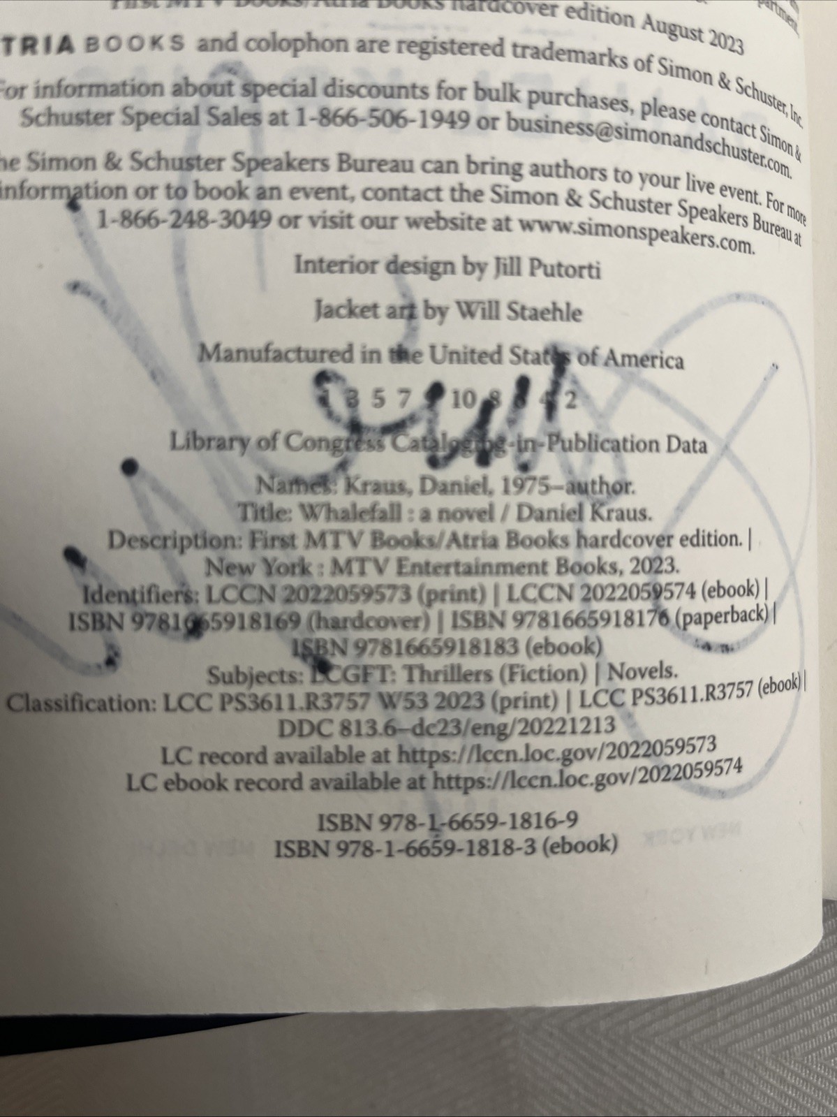 Whalefall, Daniel Kraus. MTV Entertainment 2023. Signed 1st Printing.