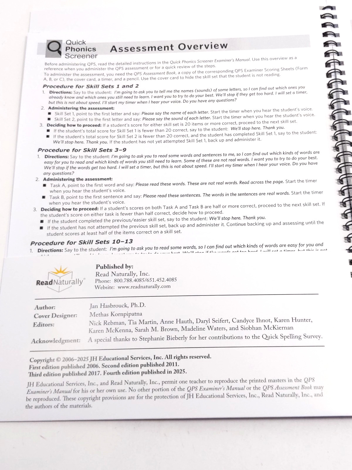 QPS Quick Phonics Screener 4th Edition Examiner’s Manual & Assessment Book