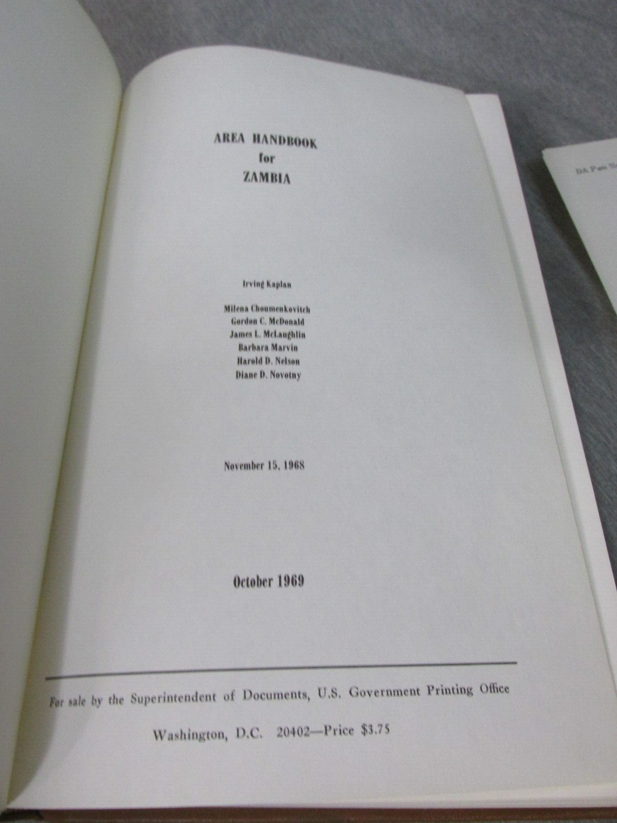 AREA HANDBOOK FOR ZAMBIA 10/1969 DA PAM 550-75 Hardback