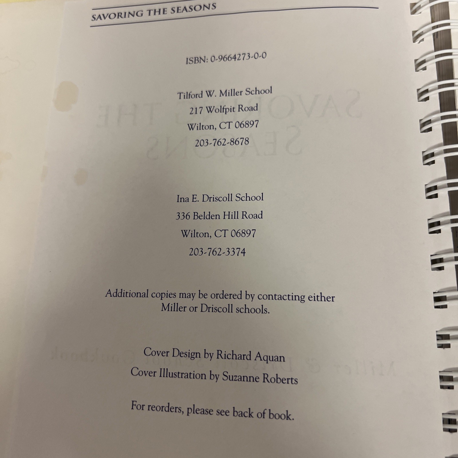 Savoring the Seasons Miller & Driscoll Cookbook Seasonal Recipes HC