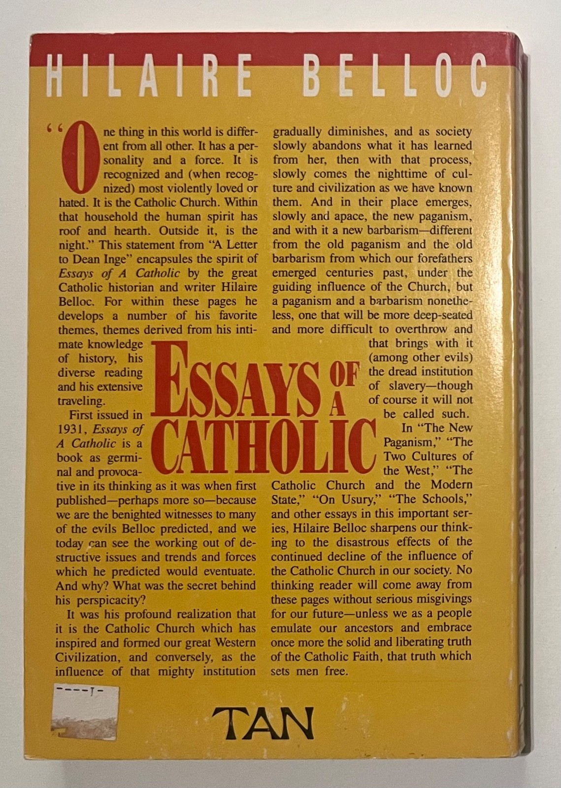 Essays of a Catholic by Hilaire Belloc (1992, Trade Paperback, Reprint) TAN