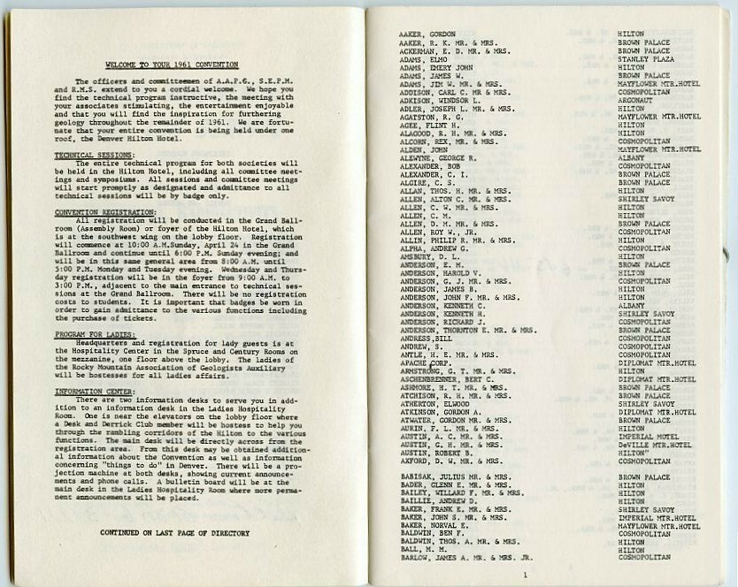 Denver CO-1961 Directory Hotel Reservations-Annual Meeting-AAPG-RMS-SEPM
