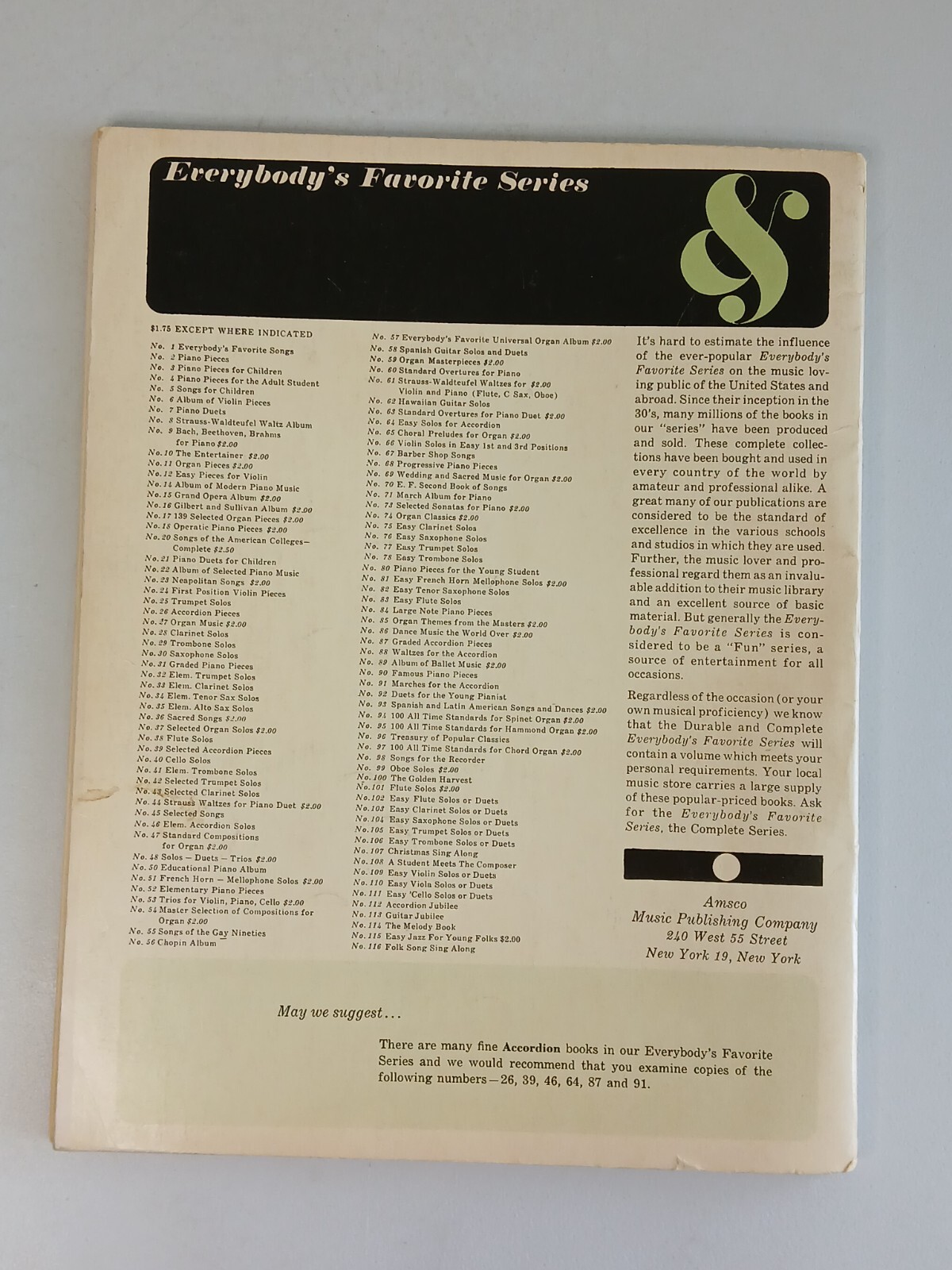 Vintage Sheet Music Book EASY ACCORDION SOLOS (Amsco, 1947) E.M. Bennett ~ Used