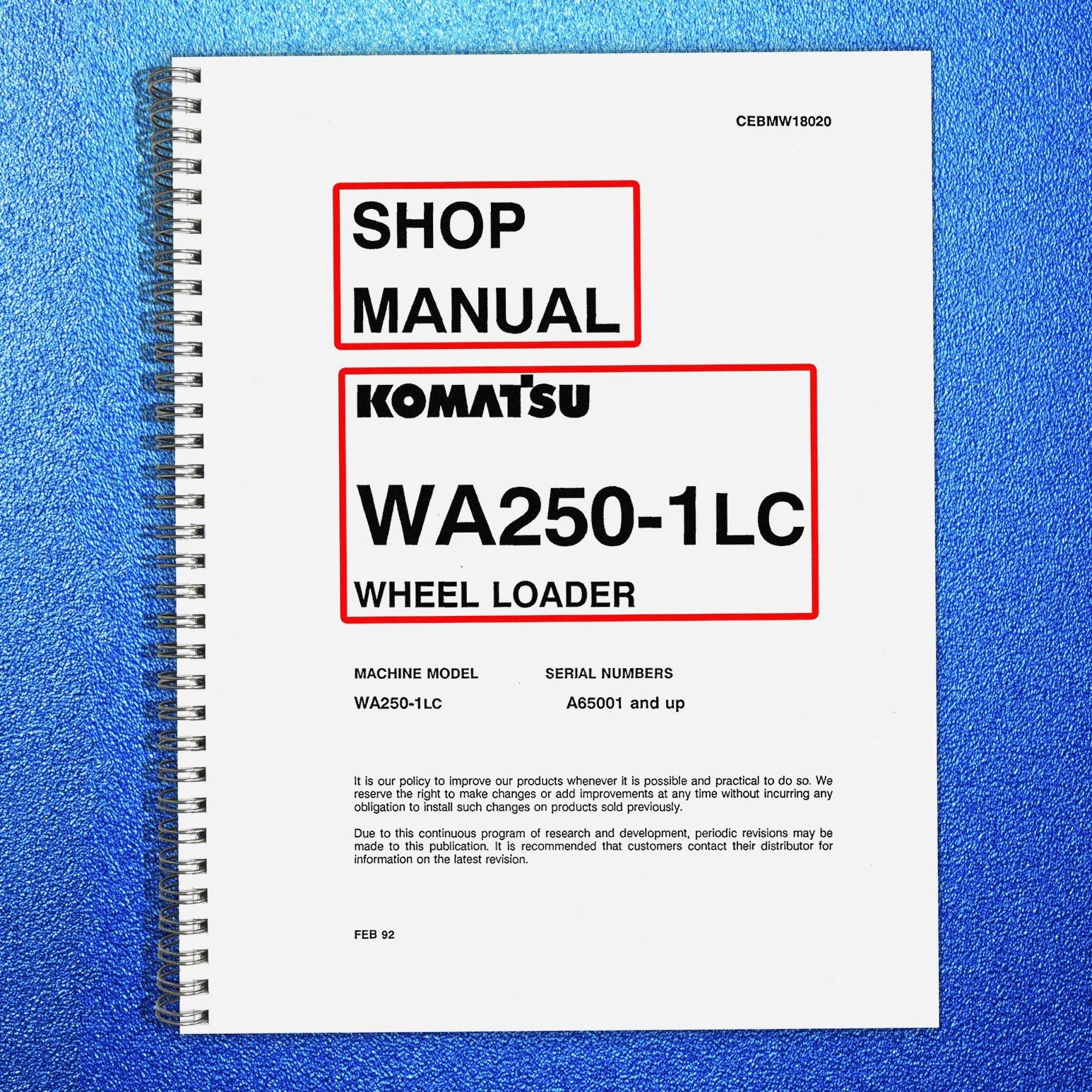KOMATSU WA250-1LC Wheel Loader Shop Manual SECURED – COVERING – XL FOLDOUT PAGES