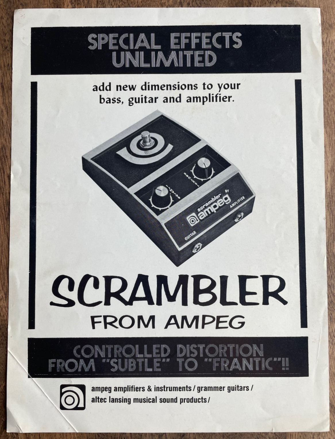 Original 1969 Ampeg Scrambler Guitar Bass Effects Pedal Dealer Promotional Flyer