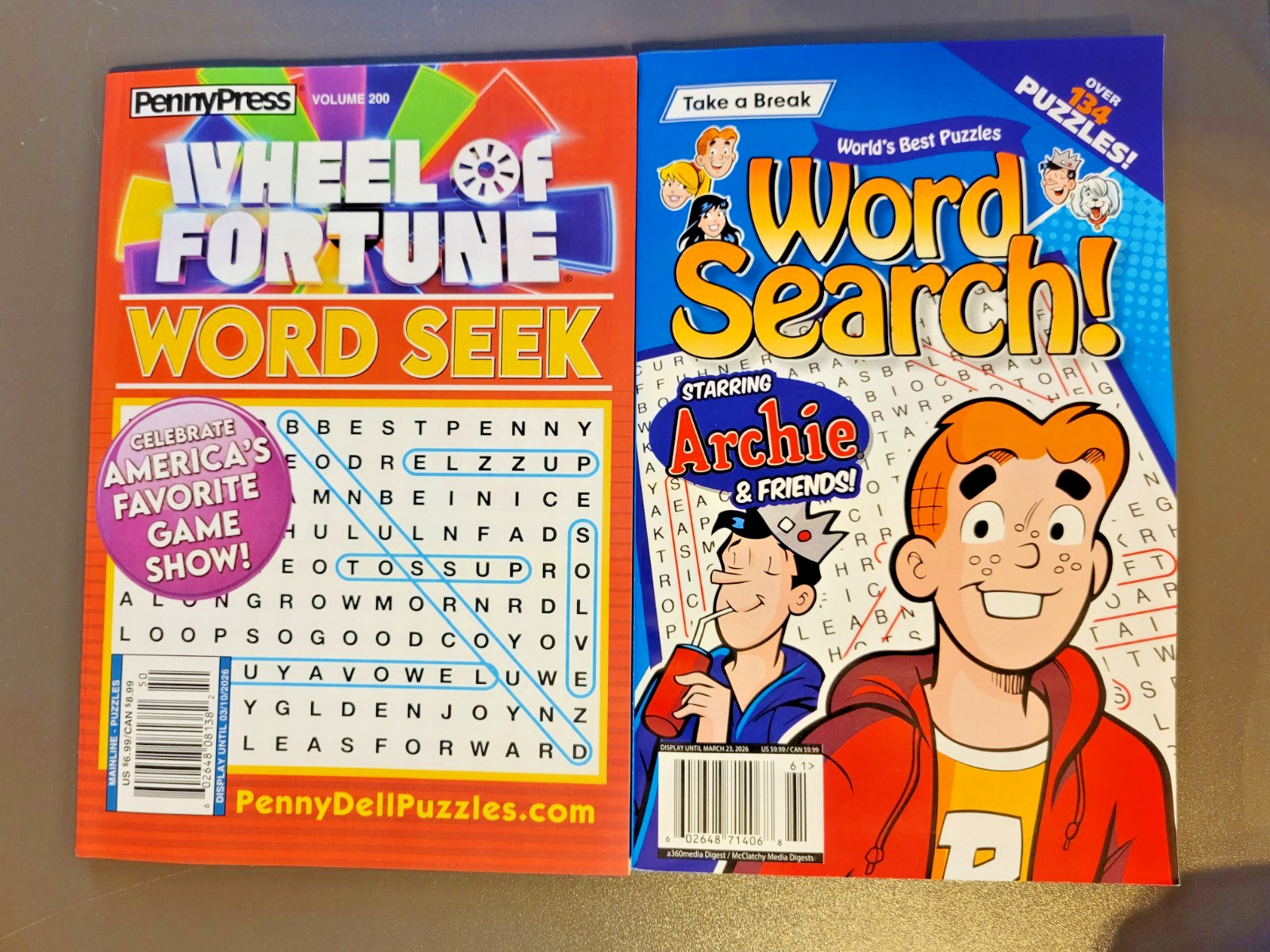 Lot of 2 Themed Word Finds Puzzle Books – Wheel Of Fortune & Archie & Friends