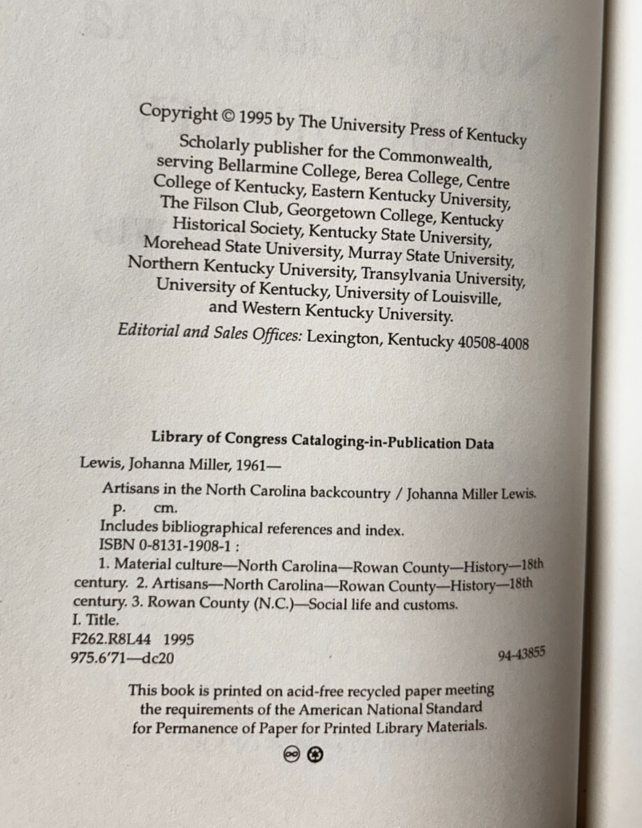 Artisans in the North Carolina Backcountry, Johanna Miller Lewis, SIGNED HCDJ