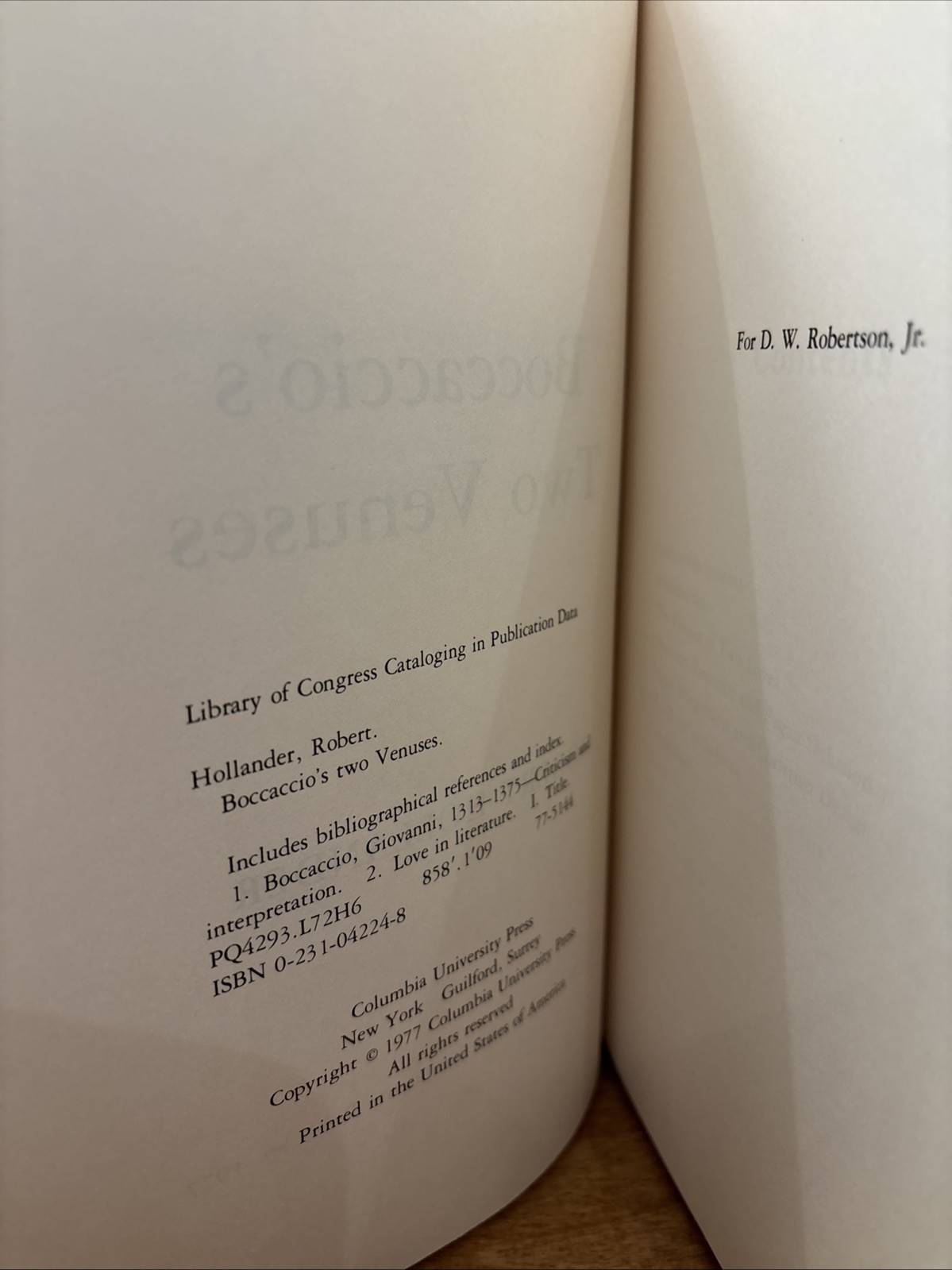 BOCCACCIO’S TWO VENUSES By Robert Hollander – Hardcover *Excellent Condition*