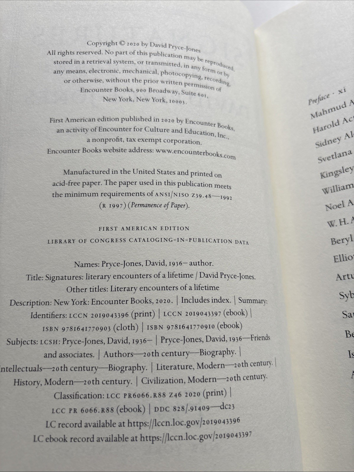 Signatures: Literary Encounters of a Lifetime – David Pryce-Jones 2020 1st Ed HC
