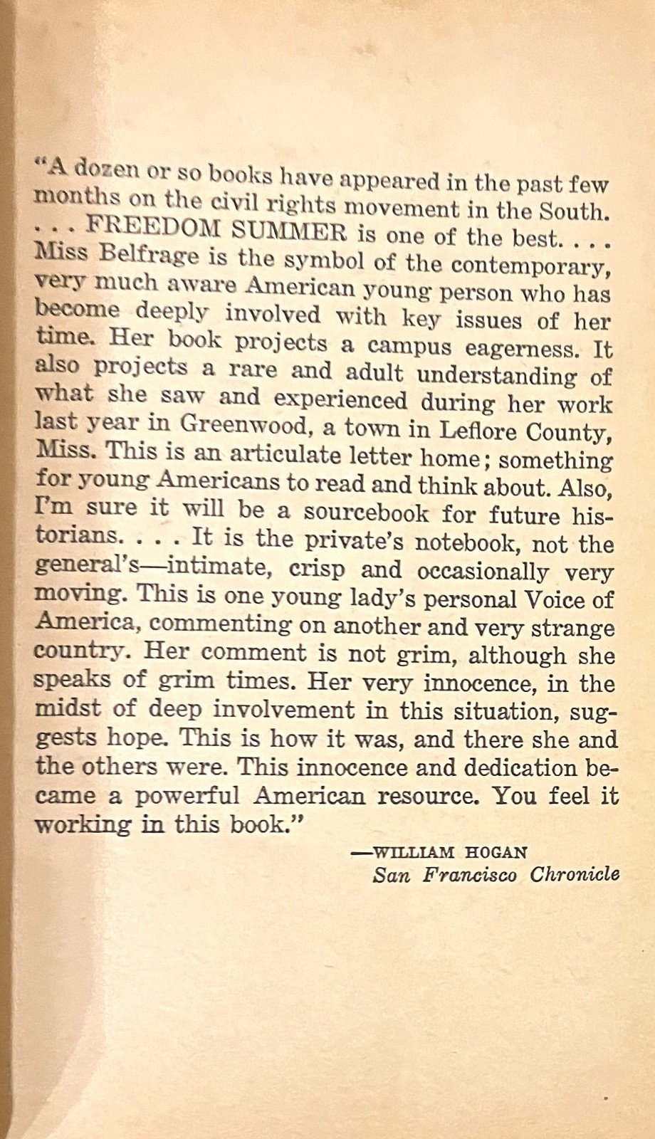 FREEDOM SUMMER-1966 Civil Rights Memoir-SALLY BELFRAGE-Excellent 1966 1st Print!