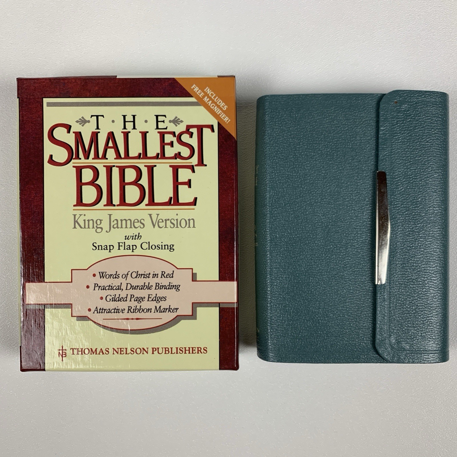 Nelson The Smallest Bible King James KJV Snap Closure Blue Leather w/Magnifier
