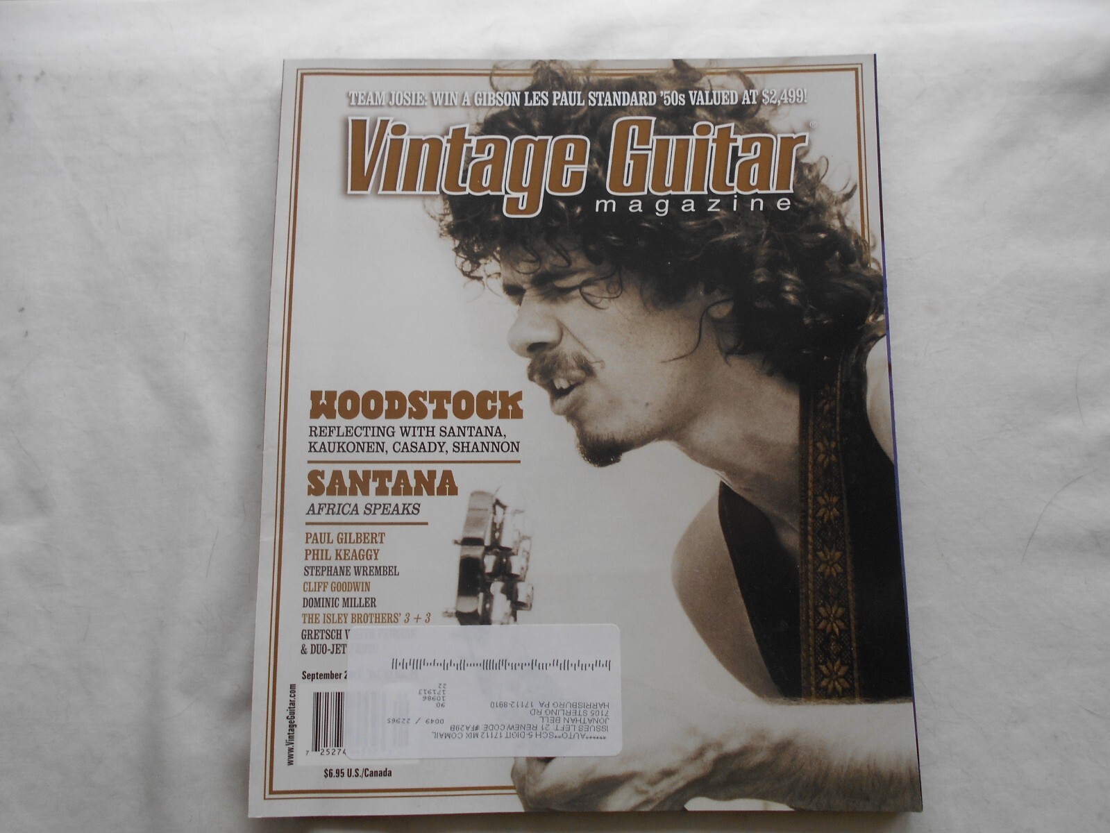 VINTAGE GUITAR MAGAZINE-SEPTEMBER,2019 WOODSTOCK SANTANA