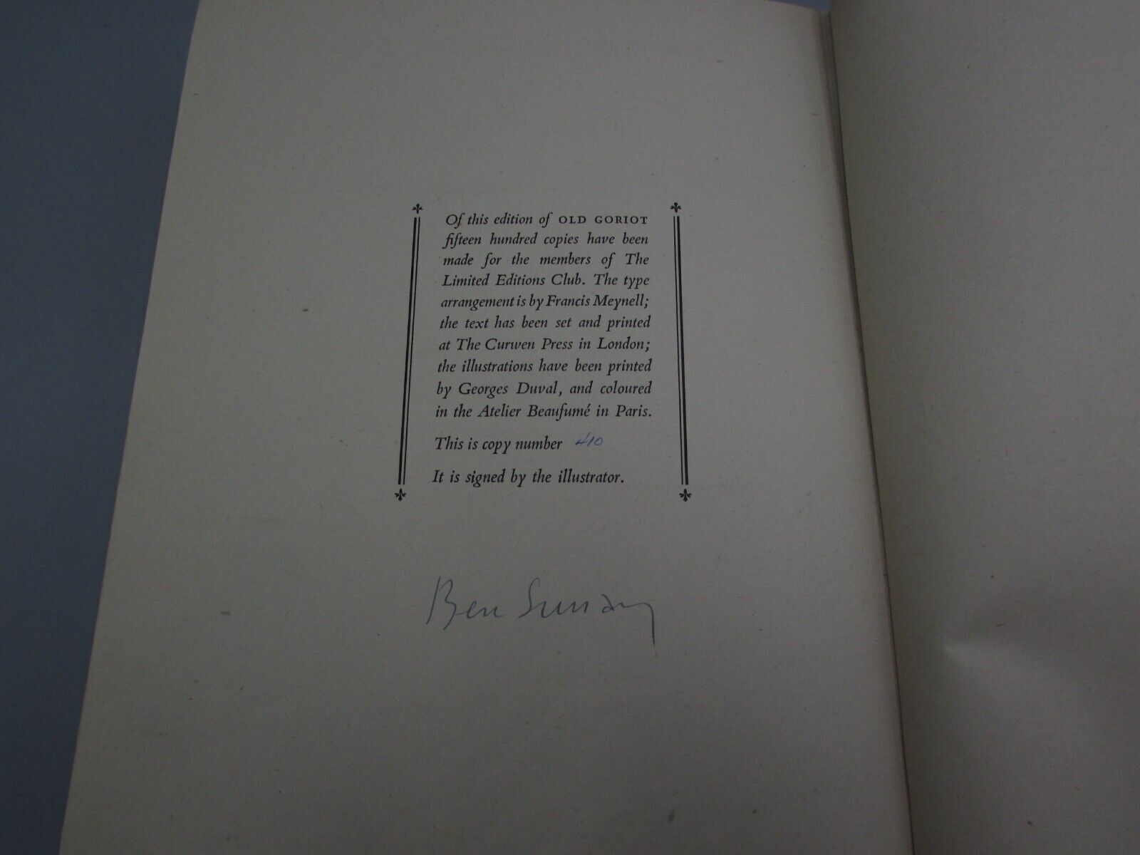 LIMITED EDITION 410 OF 1500 OLD GORIOT BY HONORE DE BALZAC 1948 ILLUSTRATED B203