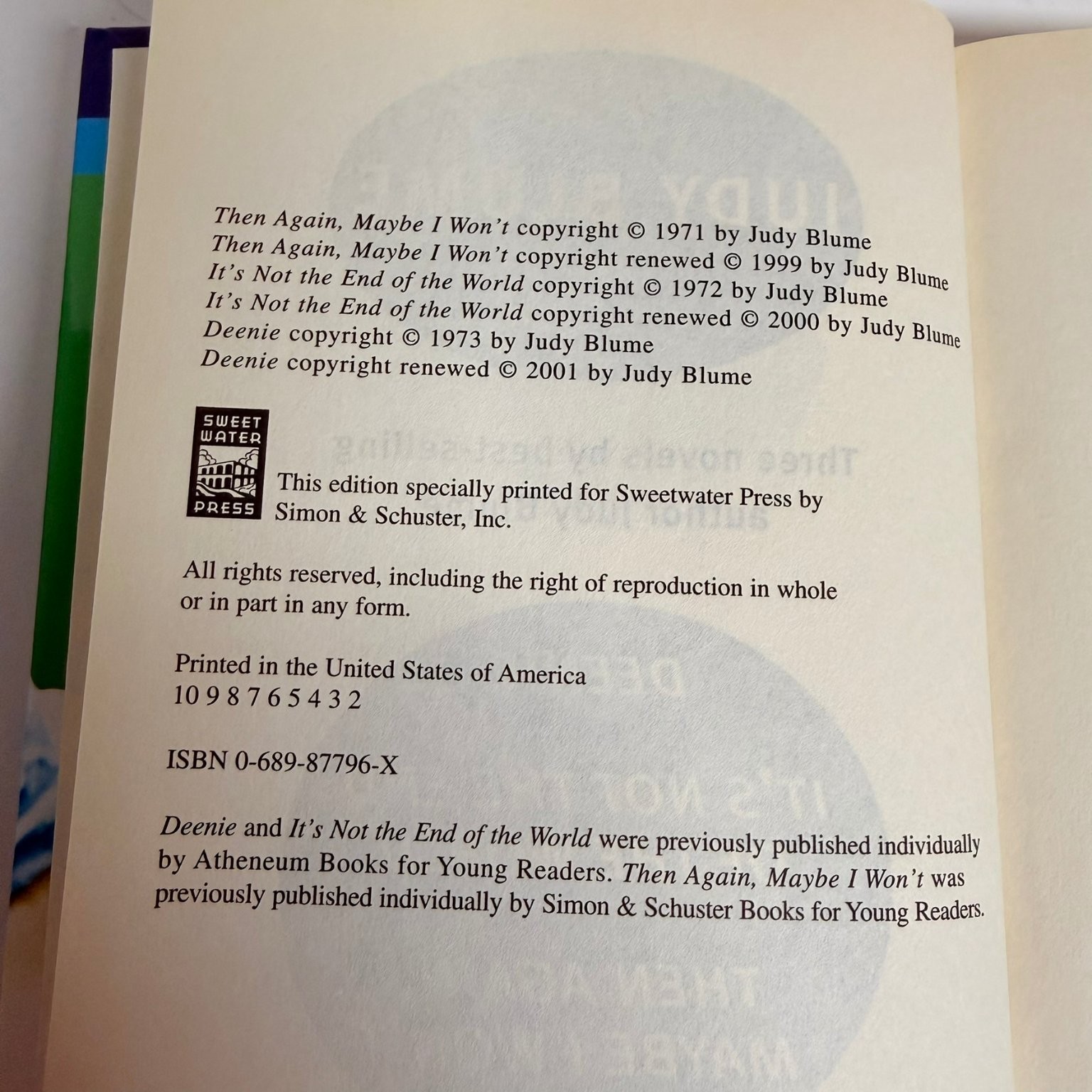 A Judy Blume Collection Three Novels 2001 Sweetwater Press Young Readers