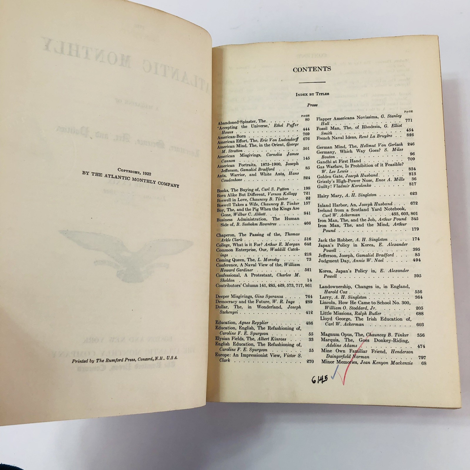 The Atlantic Monthly 1922 Magazine Book Bound Hardbound Volume 129-130