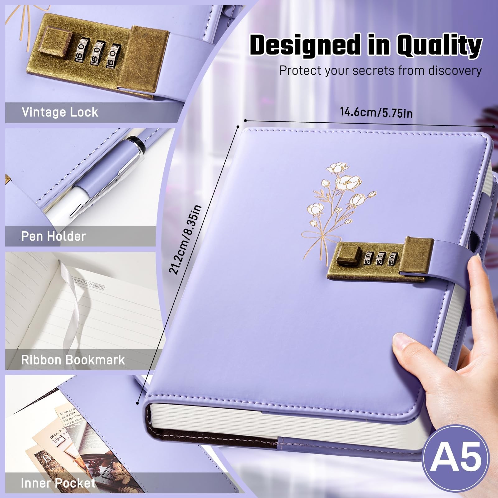 Diary with Lock for Girls A5 Leather Diary for Women 260 Pages 100 GSM Refill…