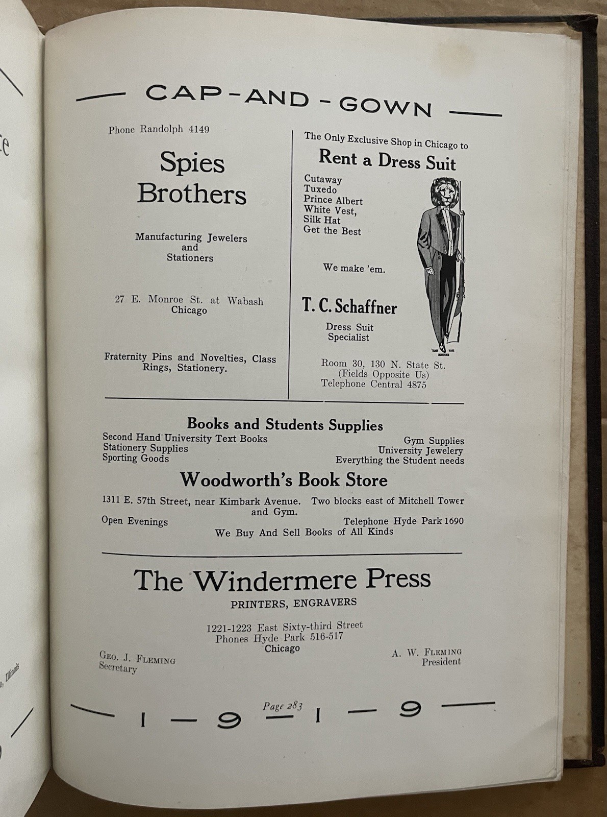 1919 UNIVERSITY OF CHICAGO COLLEGE YEARBOOK, THE CAP AND GOWN, CHICAGO, IL