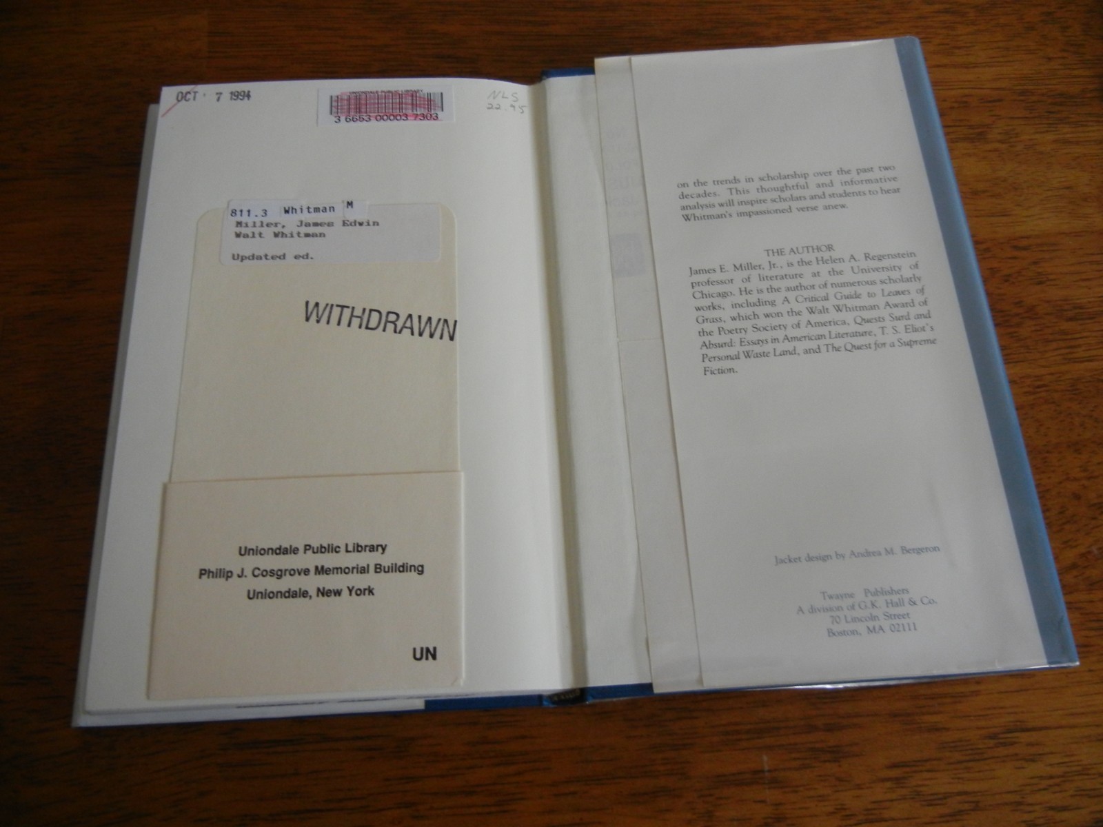 WALT WHITMAN UPDATED EDITION – JAMES E. MILLER, JR. HARDCOVER DUSTCOVER 1990