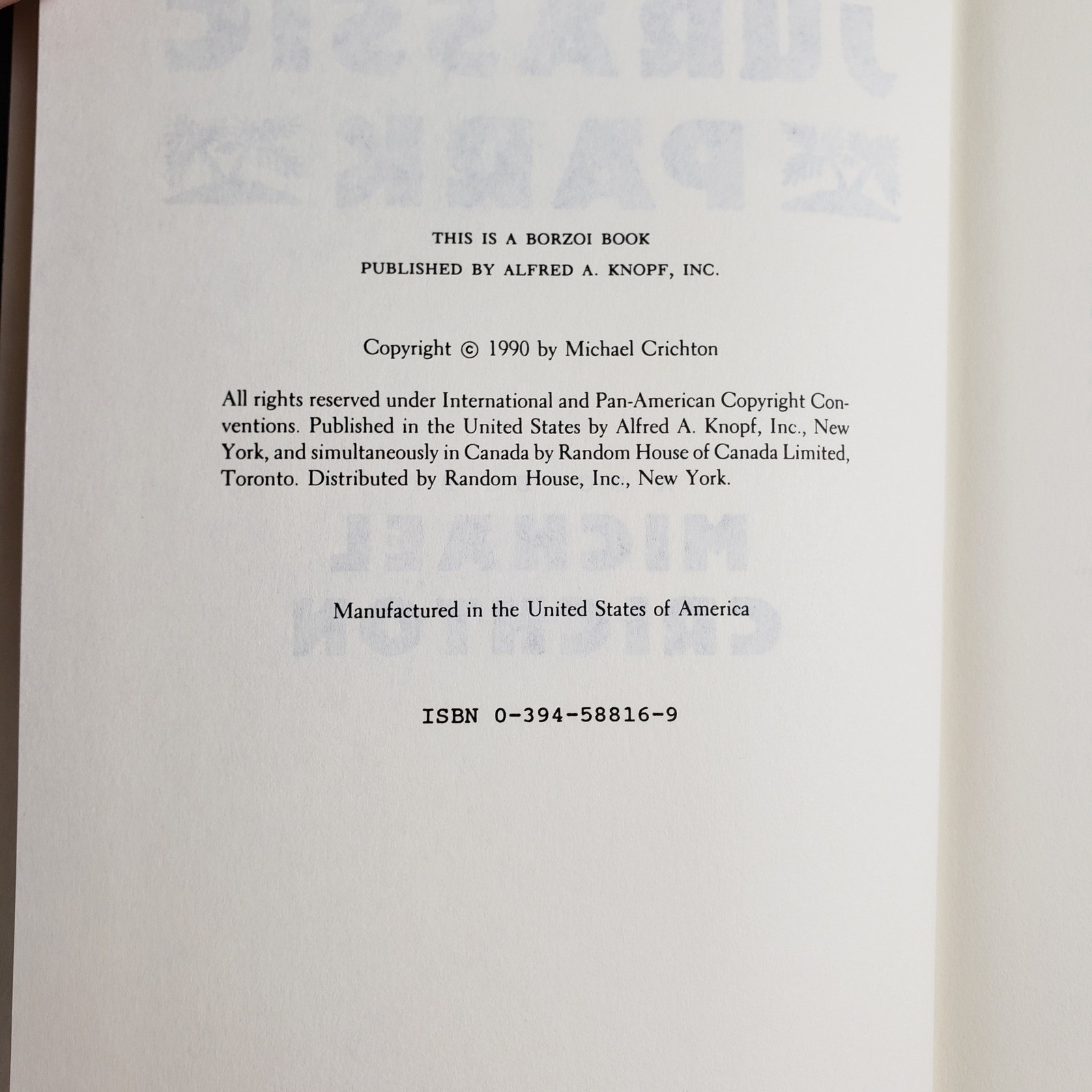 Jurassic Park Michael Crichton 1990 Hardcover Knopf Borzoi Book SciFi