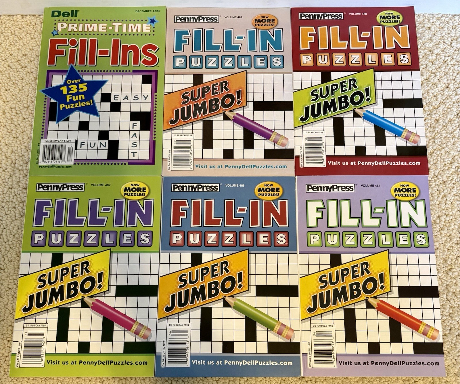 Lot Of Six New Penny Press Super Jumbo & Dell Prime-Time Fill In Puzzle Books