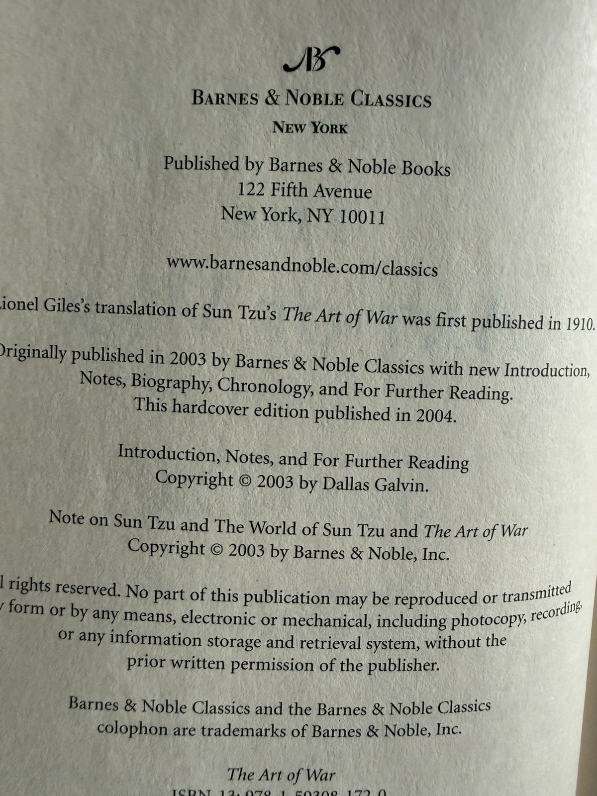 The Art Of War Sun Tzu – hardcover with dust jacket. – 227 pages