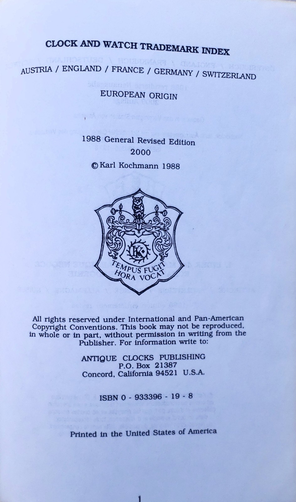 Clock and Watch Trademark Index of European Origin by Karl Kochmann 2000