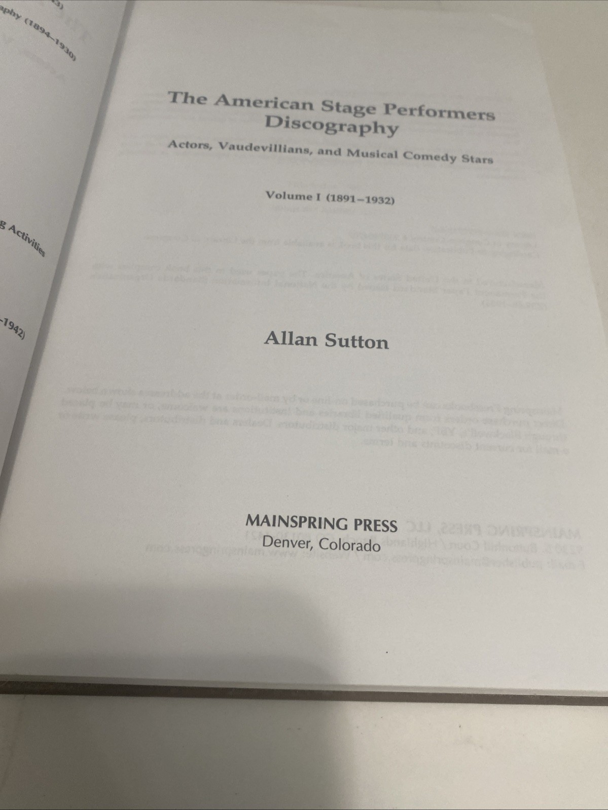 The American stage performers discography volume 1891-1932