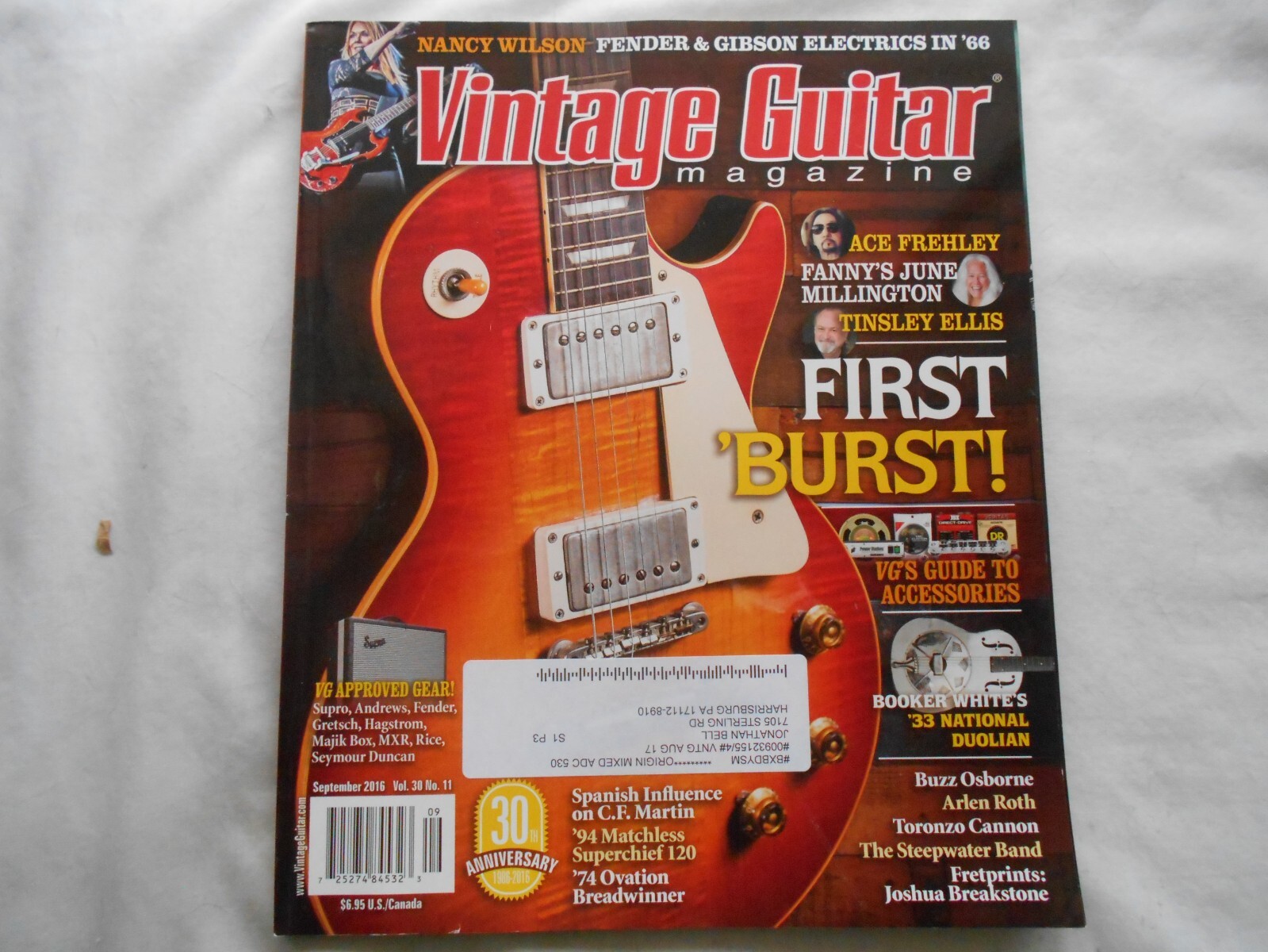 VINTAGE GUITAR MAGAZINE-SEPTEMBER,2016 FIRST ‘BURST!