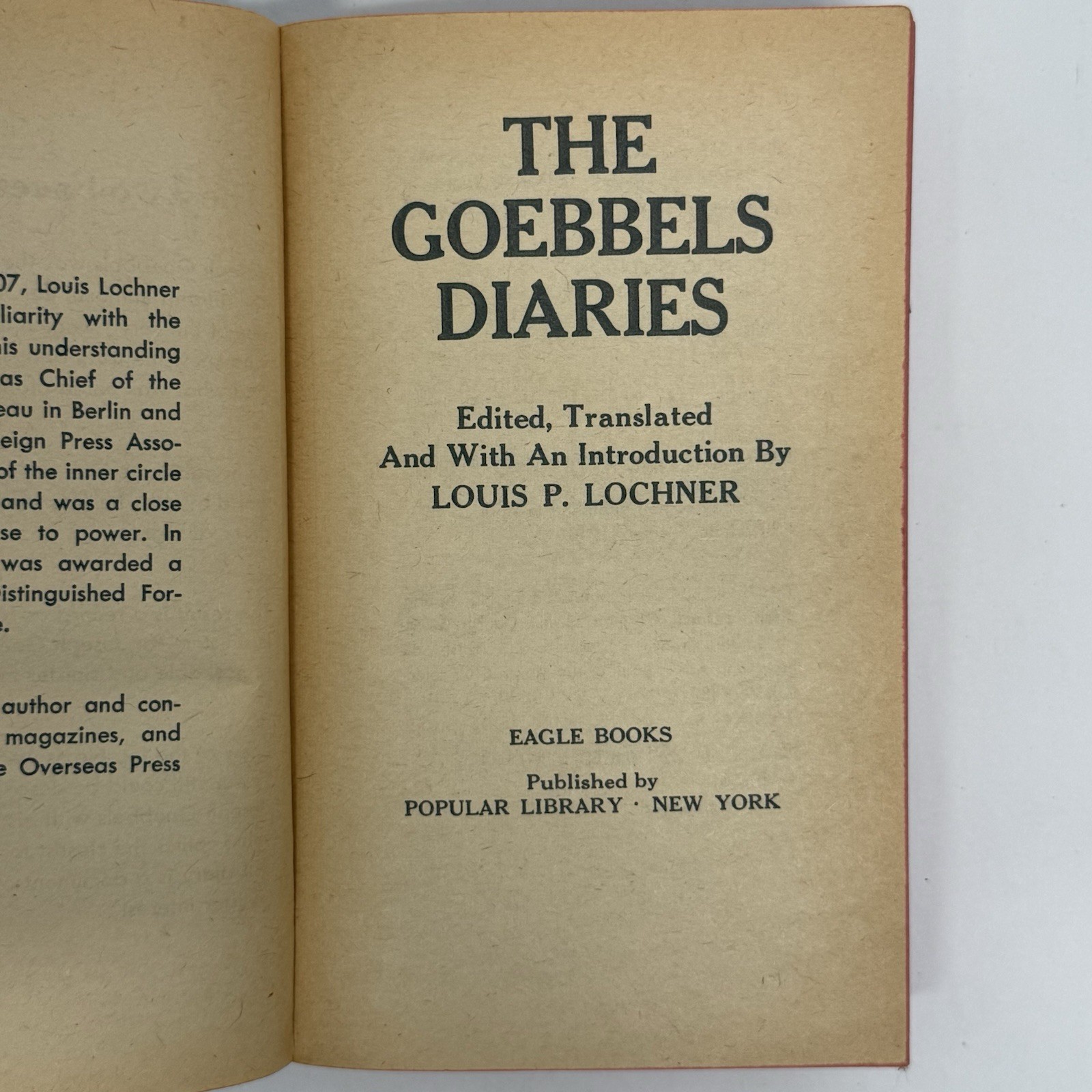 The Goebbels Diaries Louis P. Lochner Mass Market Paperback WWII Nazi History