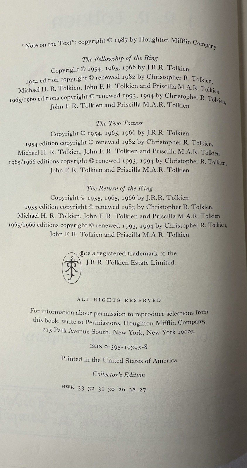 J. R. R. Tolkien The Lord of the Rings Collector’s Edition 1987 HC