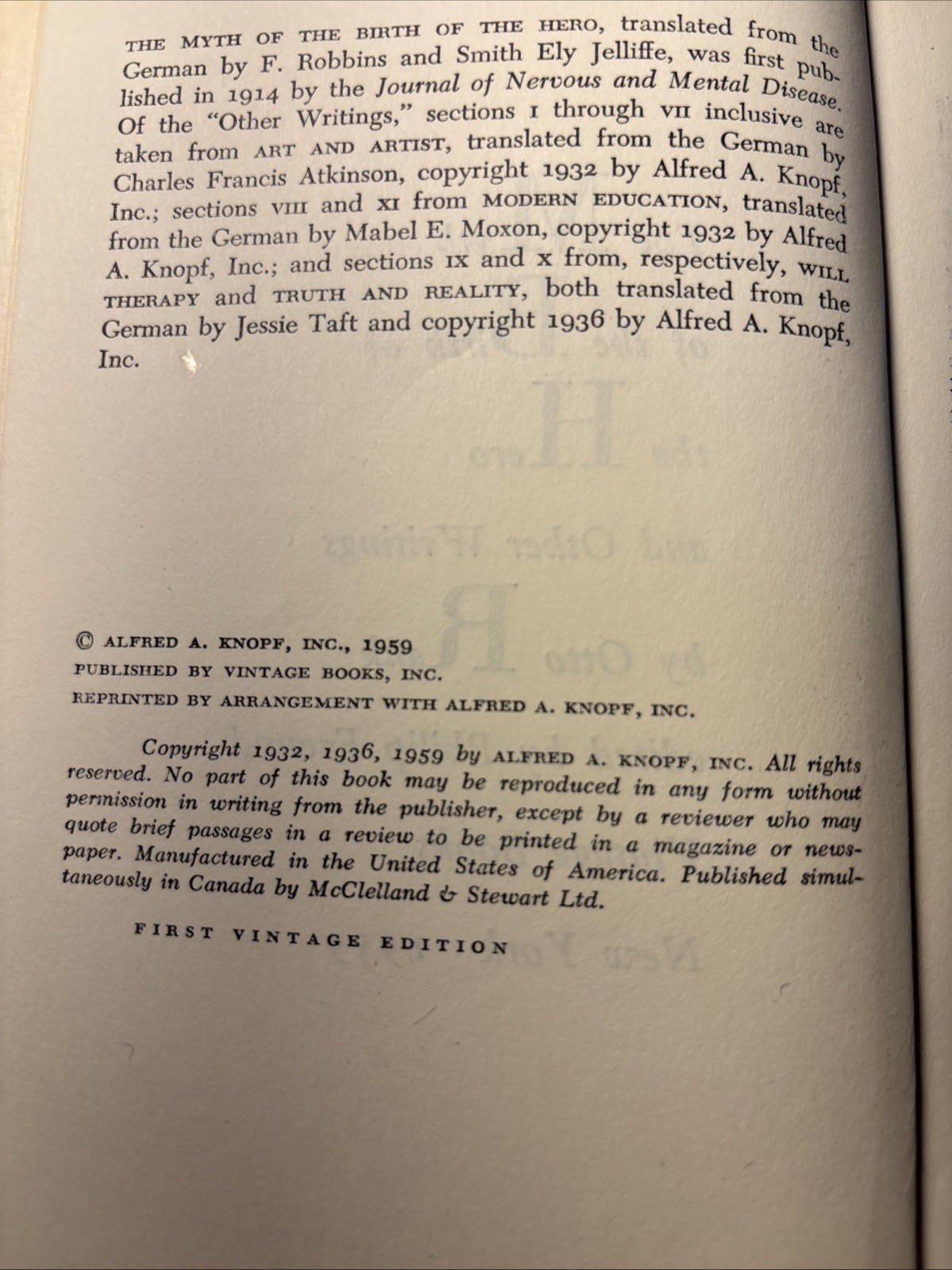 OTTO RANK THE MYTH OF THE BIRTH OF THE HERO First Vintage Edition 1959